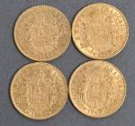 Quatre pièces 20 Francs or Napoléon III tête laurée 1868.
Vendue...