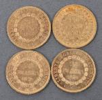 Quatre pièces 20 Francs or Génie 1874.
Vendue sur désignation. Frais...