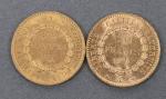 Deux pièces 20 Francs or Génie 1875.
Vendue sur désignation. Frais...