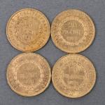 Quatre pièces 20 Francs or Génie 1876.
Vendue sur désignation. Frais...
