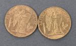 Deux pièces 20 Francs or Génie 1876.
Vendue sur désignation. Frais...