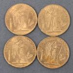 Quatre pièces 20 Francs or Génie 1877 (3) et 1886...