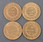 Quatre pièces 20 Francs or Génie 1878.
Vendue sur désignation. Frais...