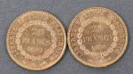 Deux pièces 20 Francs or Génie 1887 (1) et 1892...