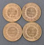 Quatre pièces 20 Francs or Génie 1895.
Vendue sur désignation. Frais...