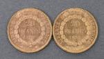 Deux pièces 20 Francs or Génie 1898.
Vendue sur désignation. Frais...