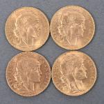 Quatre pièces 20 Francs or au coq 1907.
Vendue sur désignation....