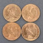 Quatre pièces de 20 Francs or au coq 1910 (1),...