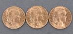 Trois pièces de 20 Francs or au coq 1910.
Vendue sur...