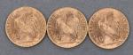 Trois pièces de 20 Francs or au coq 1910.
Vendue sur...