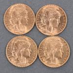 Quatre pièces de 20 Francs or au coq 1910.
Vendue sur...