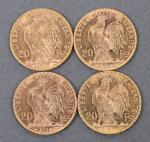 Quatre pièces 20 Francs or au coq 1910.
Vendue sur désignation....
