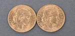 Deux pièces 20 Francs or au coq 1910.
Vendue sur désignation....