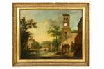 Tableau horloge, 
peinture de bonne qualité représentant deux églises, rivière...