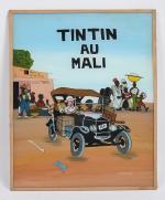 Tourebama, d'après Hergé, "Tintin au Mali", fixé sous verre, signé...