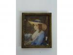 Femme au chapeau de paille Miniature sur ivoire XIXème. 6x5...