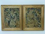 Deux tapisseries XVIIème encadrées "Femme au perroquet". 27x21 cm.