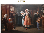 Emma HERLAND (1855-1947)<br />
Noce bretonne dans un intérieur dans la région de Pont-Aven<br />
Huile sur toile<br />
Signée en bas à gauche et datée 1889 89,5 x 135 cm.