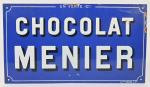 Chocolat Menier
Plaque émaillée à fond bleu, Japy Frères.
28 x 60...