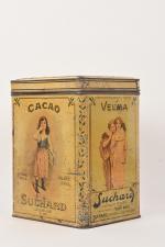 Cacao Suchard
Grande boîte en tôle lithographiée de comptoir, H. 35...
