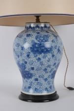 Chine XIXe
Potiche en porcelaine blanc bleu, montée en lampe.