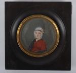 Ecole du XIXe siècle
Portrait de femme au bonnet et robe...