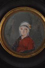 Ecole du XIXe siècle
Portrait de femme au bonnet et robe...
