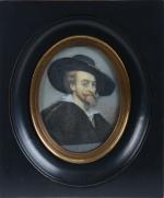 Ecole du XIXe siècle 
Portrait d'homme au chapeau 
Miniature sur...