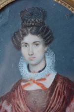 Ecole vers 1830-40 
Portrait de femme à la robe violine...