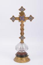 Crucifix en bronze doré, 
base circulaire, style Art Nouveau, marbre,...