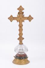 Crucifix en bronze doré, 
base circulaire, style Art Nouveau, marbre,...