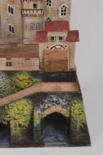 Allemagne, château-fort moyenâgeux
en bois peint. 50x37 cm.