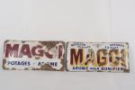 Maggi
Deux plaques émaillées bombées, accidentées.
24 x 49 cm.