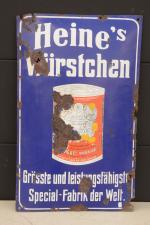 Heine's Würstchen
Plaque émaillée bombée allemande.
69 x 43 cm. (accidents et...