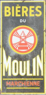 Bières du Moulin Marchienne
Plaque émaillée belge, imp. E. Brogniaux, Charleroi.
90...
