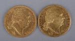 Deux pièces 20 francs or :
Louis XVIII buste nu 1818...