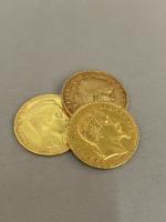 Trois pièces de 20 francs or français de 1852,1866 et...