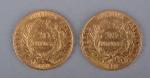 Deux pièces 20 francs or :
IIème République Cérès 1850 (A)...