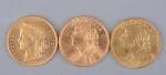 Suisse
Trois pièces de francs or :
1896 (B), 1902 (B) et...