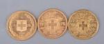 Suisse
Trois pièces de francs or :
1896 (B), 1902 (B) et...