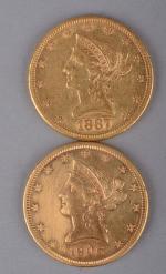 USA 
Deux pièces de 10 dollars or de 1887 et1906.