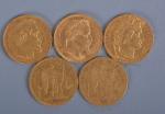 Cinq pièces de 20 francs or français de 1848 (2),...
