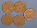 Cinq pièces de 20 francs or français de 1848 (2),...