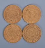 Quatre pièces de 20 francs or français de 1876.