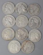 Onze pièces de 5 francs argent :
Napoléon III de 157...