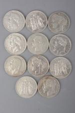 Onze pièces de 5 francs argent :
Napoléon III de 157...