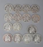 Quinze pièces en argent type Hercule 1965-1973 : 
10 francs...