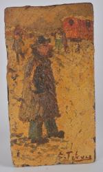 Edouard FEBVRE (1885-1967)
Fumeur et roulotte dans la neige
Peinture sur tuile...