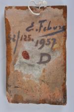 Edouard FEBVRE (1885-1967)
Trois gitanes et roulotte
Peinture sur tuile signée en...
