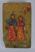 Edouard FEBVRE (1885-1967)
Deux femmes dans la prairie
Peinture sur tuile signée...